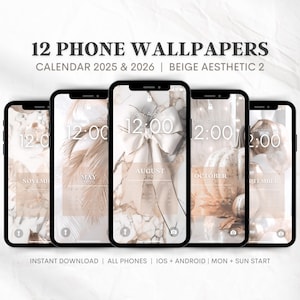 2025 & 2026 Phone Kalender Wallpapers | Lockscreen Calendar | iPhone Wallpaper Beige Aesthetic Hintergrund | Montag + Sonntag Start