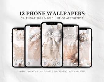 Phone Calendar Wallpapers 2025 & 2026 | Lockscreen Calendar | iPhone Wallpaper | Beige Aesthetic Background | Sunday Start + Monday Start