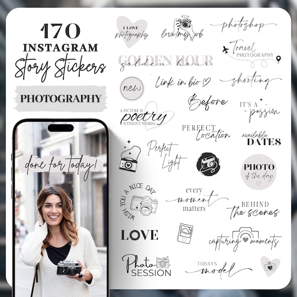 Instagram Story Sticker Photography | photographer | Lettering | Clipart | Camera | Story Stickers | Black | Beige | Photoshoot | Wedding