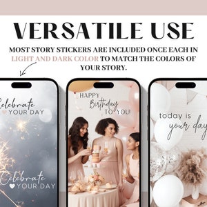 May include: Three phone screen mockups with different designs. The first mockup has a light blue background with white text that says "Celebrate Your Day" and a sparkly design. The second mockup has a pink background with white text that says "Happy Birthday To You!" and a birthday party scene. The third mockup has a light brown background with white text that says "Today is Your Day" and a bouquet of dried flowers.