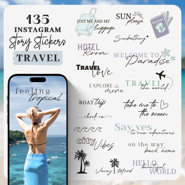 Instagram Story Sticker Reisen | Urlaub | Strand | Travel | Pool | Vacay | Vacation | Storysticker Wörter | Städtereisen | Wanderlust | Trip