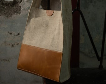 Leather and Hand Woven Canvas Book Bag, Women's Tote Bag