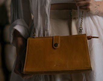 Leather Crossbody Bag, Leather Evening Bag with chain strap, tan leather crossbody bag for women
