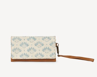 Women's Wallet, Block printed canvas wallet with leather, wallet with wristlet strap