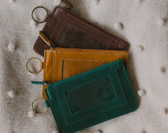 Leather photo ID wallet, mini leather wallet, leather ID pouch keyring