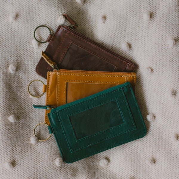 Leather photo ID wallet, mini leather wallet, leather ID pouch keyring