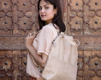 Leather Backpack Women, Taupe Leather Halfmoon Backpack