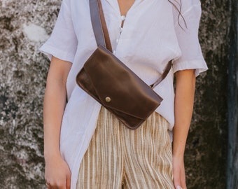 Brown Leather Belt Bag, Leather Fanny Pack, Leather Waist Crossbody Bag