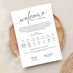 Peut inclure: Une pancarte de bienvenue blanche pour un mariage avec un calendrier des événements de la journée. La pancarte comprend les noms Erin & Chase, l'heure de départ de la navette de l'hôtel, la cérémonie de mariage, l'heure du cocktail, la première danse, le dîner, la coupe du gâteau et le départ. La pancarte comprend également une section pour des notes importantes et une section pour les informations sur le lieu du mariage.