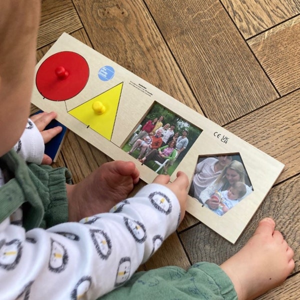 Family Photo Shape Puzzle - 4 shapes - Handmade Wooden Montessori toy for babies and toddlers