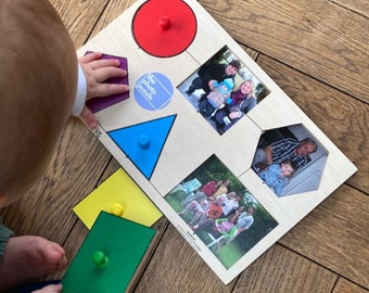 Family Photo Shape Puzzle - 6 shapes - Handmade Wooden Montessori toy for babies and toddlers