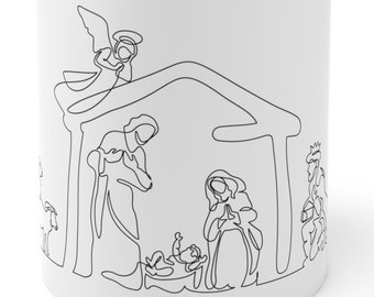 Nativity Manger Single Line Drawing // Ceramic Mug 11oz, Minimalist Line Drawing Mug, Fairy drawing mug, Modern art mug, Cute Art mug