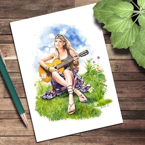 Cartão de felicitações, cartão de nota em branco ilustrado por computador, moda de guitarra verde, ilustrações de arte de cortar e colar, ilustrações de moda, caprichosas