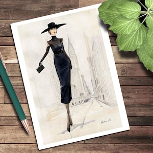 May include: Watercolor illustration of a woman in a black dress, hat, and gloves, holding a clutch, set against a city backdrop. The artwork has a vintage, fashion-forward aesthetic, with a signature in the bottom right corner.
