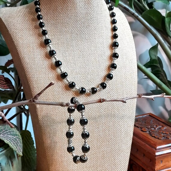 Black Onyx Beaded Necklace Bracelet Set, Silver-tone  display picture 2