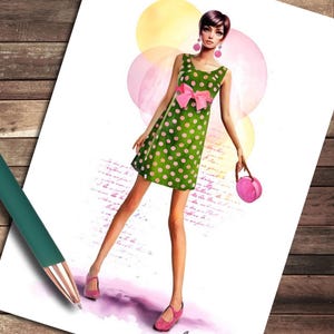 60s Fashion Illustration Note Card, Pink Accents - Etsy