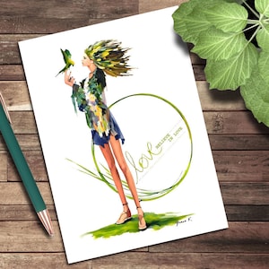 Cartão de felicitações, cartão de nota em branco ilustrado por computador, moda de pássaro verde, ilustrações de arte de cortar e colar, ilustrações de moda, caprichoso