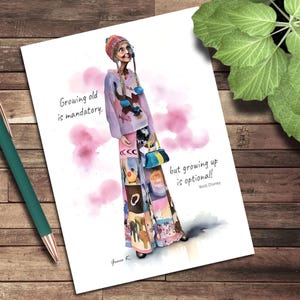 Cartão de felicitações, Cartão de notas em branco ilustrado, Envelhecer é obrigatório, Ilustrações de moda, Peculiar, Engraçado, Humor, Caprichoso, Idoso
