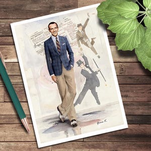 May include: A print featuring a vintage illustration of a man in a blue plaid blazer, tan pants, and two dancing figures. The print is on a white background with text and is signed "Grace K."