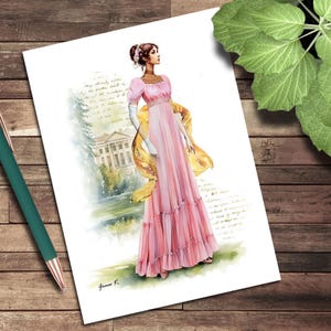 Karta z pozdrowieniami, pusta kartka z notatkami, wieczorny spacer w stylu regencji, ilustracja artystyczna, ilustracje modowe, vintage, historyczny, Jane Austen, romantyczny