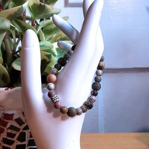 Unpolished Jasper Bead Stretch Bracelet, Silver-Tone Detail