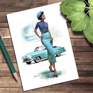 Carte de voeux, carte de correspondance vierge, années 50 à la mode bleue, illustration artistique couper et coller, illustrations de mode, vintage, rétro, nostalgique