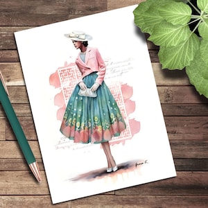 Carte de voeux, carte de correspondance vierge, années 50 à la mode rose, illustration artistique couper et coller, illustrations de mode, vintage, rétro, nostalgique
