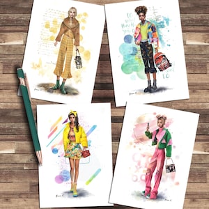 Wenskaart, blanco notitiekaarten, tienerstijl wereldmode set van 4, knip- en plakkunstillustraties, mode-illustraties