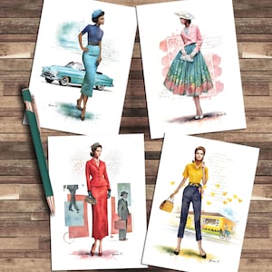Carte de voeux, cartes de correspondance vierges, lot de 4 à la mode des années 50, illustrations artistiques à couper et coller, illustrations de mode, vintage, rétro