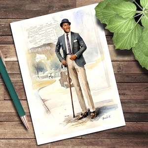 May include: Watercolor print of a man in a suit and hat, holding a cane. The background features a Hollywood sign and a vintage car. The man is wearing a blue blazer, a patterned tie, and light-colored pants. The artwork is signed "Grace K."
