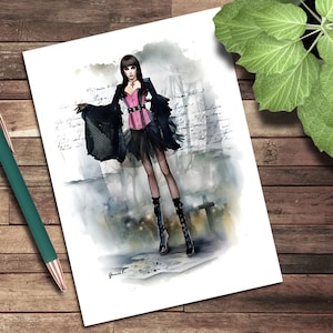 Cartão de felicitações, cartão de anotação em branco ilustrado por computador, Little Miss Scare, toda a moda, arte de cortar e colar, ilustrações de moda, caprichoso, gótico