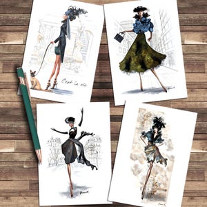 Greeting Card, Blank Note Cards, Paris High Fashion Set of 4, Cut and Paste Art Illustrations, Fashion Illustrations, Whimsical
