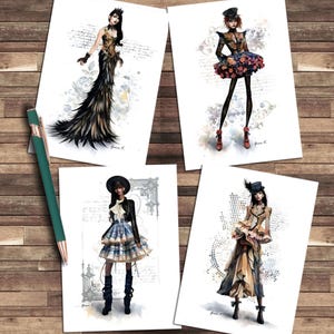 May include: Four fashion illustration prints featuring stylized figures in elaborate outfits. The prints showcase detailed watercolor designs with a pen on a wooden surface. Each print has a unique design, including gowns, skirts, and jackets. A green pen with gold accents is on the left.