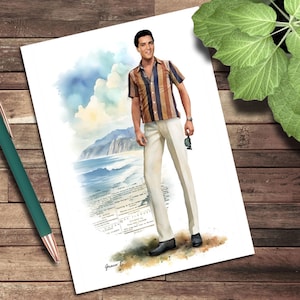 May include: Watercolor print of a man in a striped shirt and white pants, holding sunglasses. The background features a beach scene with mountains and a cloudy sky. The print is signed "Grace K."