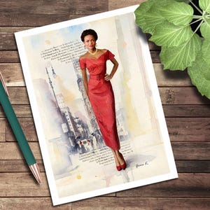 Puede incluir: Impresión en acuarela de una mujer con un vestido rojo, frente a un fondo de ciudad. El vestido con hombros descubiertos está ceñido a la cintura con un cinturón a juego. La obra está firmada "Grace K."