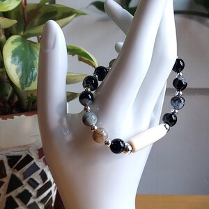Black Agate Bead Stretch Bracelet, Bone Focal, Silver Tone, Black, Dramatic