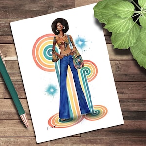 Carte de voeux, carte de correspondance vierge, mode cool des années 70, illustration artistique couper et coller, illustrations de mode, africaine, rétro, nostalgique