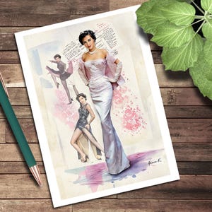 Könnte beinhalten: Ein Vintage-Print mit einer Frau in einem hellrosa trägerlosen Kleid, Handschuhen und einem Schal. Das Kunstwerk zeigt weitere Figuren in formeller Kleidung, mit rosa floralen Akzenten und Text im Hintergrund. Signiert "Grace K."