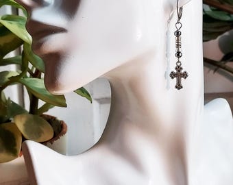 Hematite Bead Cross Earrings, Silver-tone Dangle Earrings