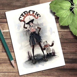Tarjeta de felicitación, tarjeta de nota en blanco, moda de circo espeluznante, ilustraciones de arte recortable, ilustraciones de moda, caprichosas, góticas, oscuras