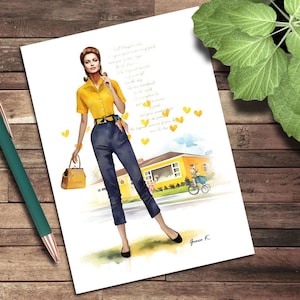 Carte de voeux, carte de correspondance vierge, années 50 à la mode jaune, illustration artistique couper et coller, illustrations de mode, vintage, rétro, nostalgique