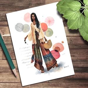 Wenskaart, Lege notitiekaart, Chique Boho-stijl Mode, Kunst Illustratie, Mode-illustraties, Boho, Groet, Stad, Stedelijk