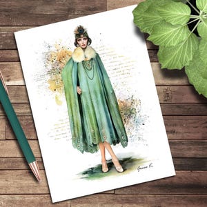 May include: Watercolour illustration of a woman in a green cape with a white fur collar and a feathered headpiece. The artwork features a long beaded necklace and is signed "Grace K." The background includes floral and script elements.