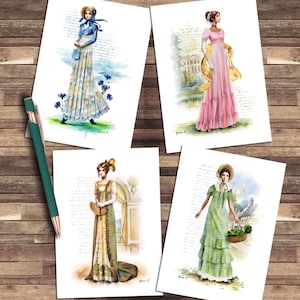 Cartes de correspondance Regency Fashion, style Jane Austen, lot de 4
