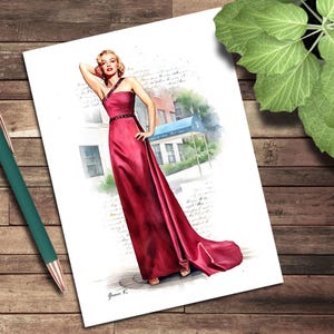 Wenskaart, lege notitiekaart, Marilyn Monroe How to Marry a Millionaire Mode, mode-illustraties, vintage, Hollywood, film, klassiek