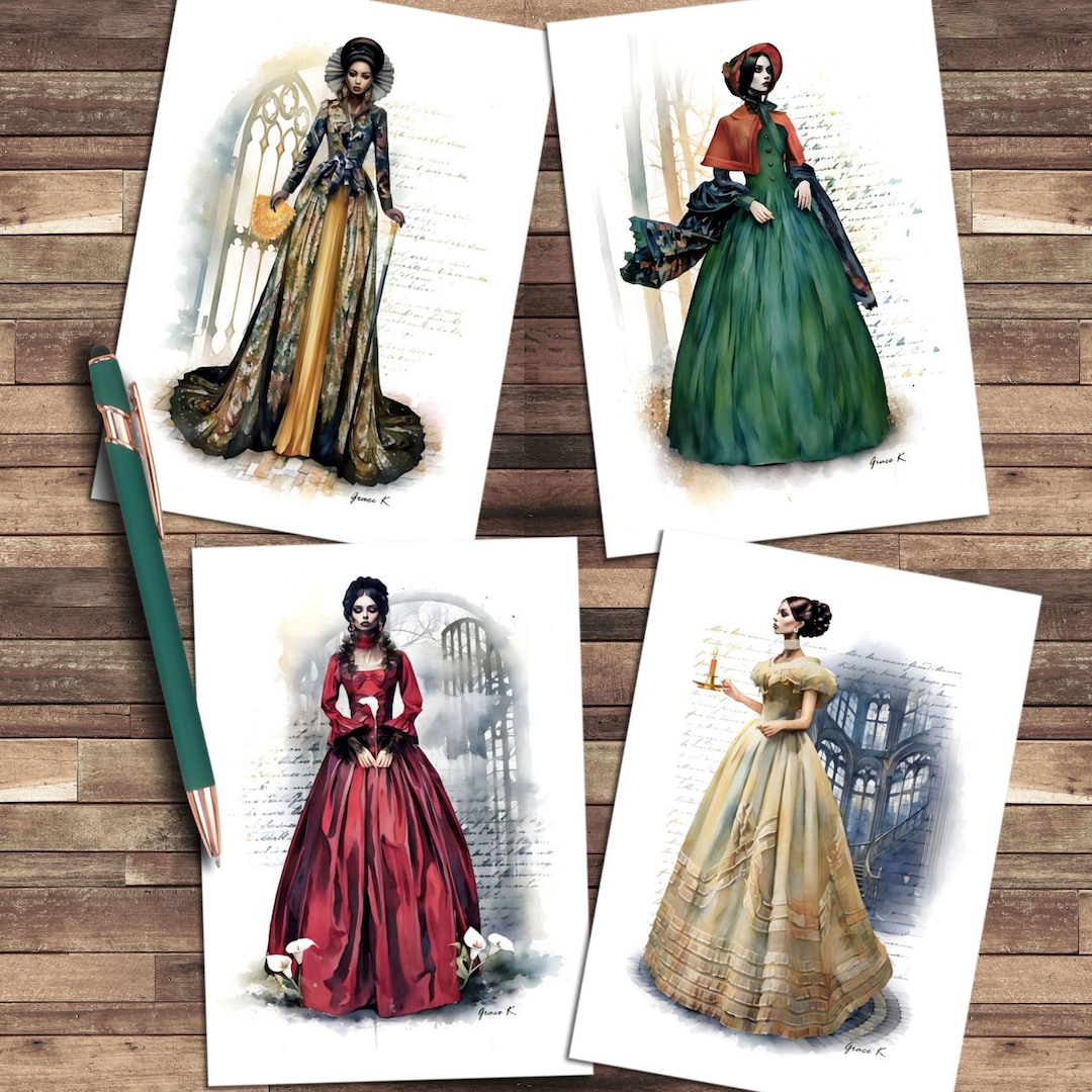 Gothic Fashion Illustration Note Cards, 19th Century Art, Set of 4 - Etsy