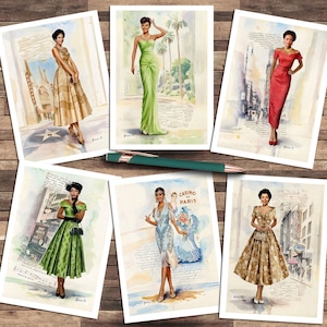 Może przedstawiać: Kolekcja sześciu akwarelowych wydruków z ilustracjami mody vintage. Wydruki przedstawiają kobiety w eleganckich sukniach, z tłem obejmującym pejzaże miejskie i palmy. Zielony i złoty długopis spoczywa na obrazach.