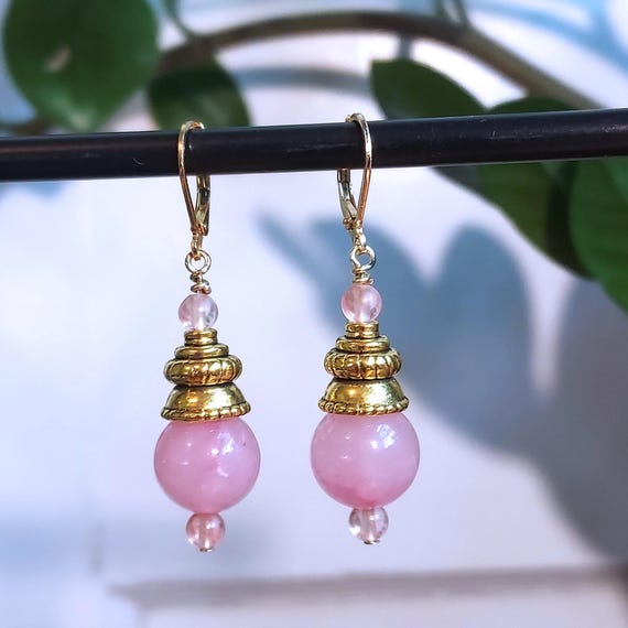 thumbnail image 2 of Rose Quartz Gold Plated Leverback Earrings – Pink Round Dangle 2 of 6