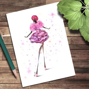 Cartão de felicitações, cartão de anotação em branco, moda extravagante da Pink Lady, ilustrações de arte para recortar e colar, ilustrações de moda, caprichosas, infantis
