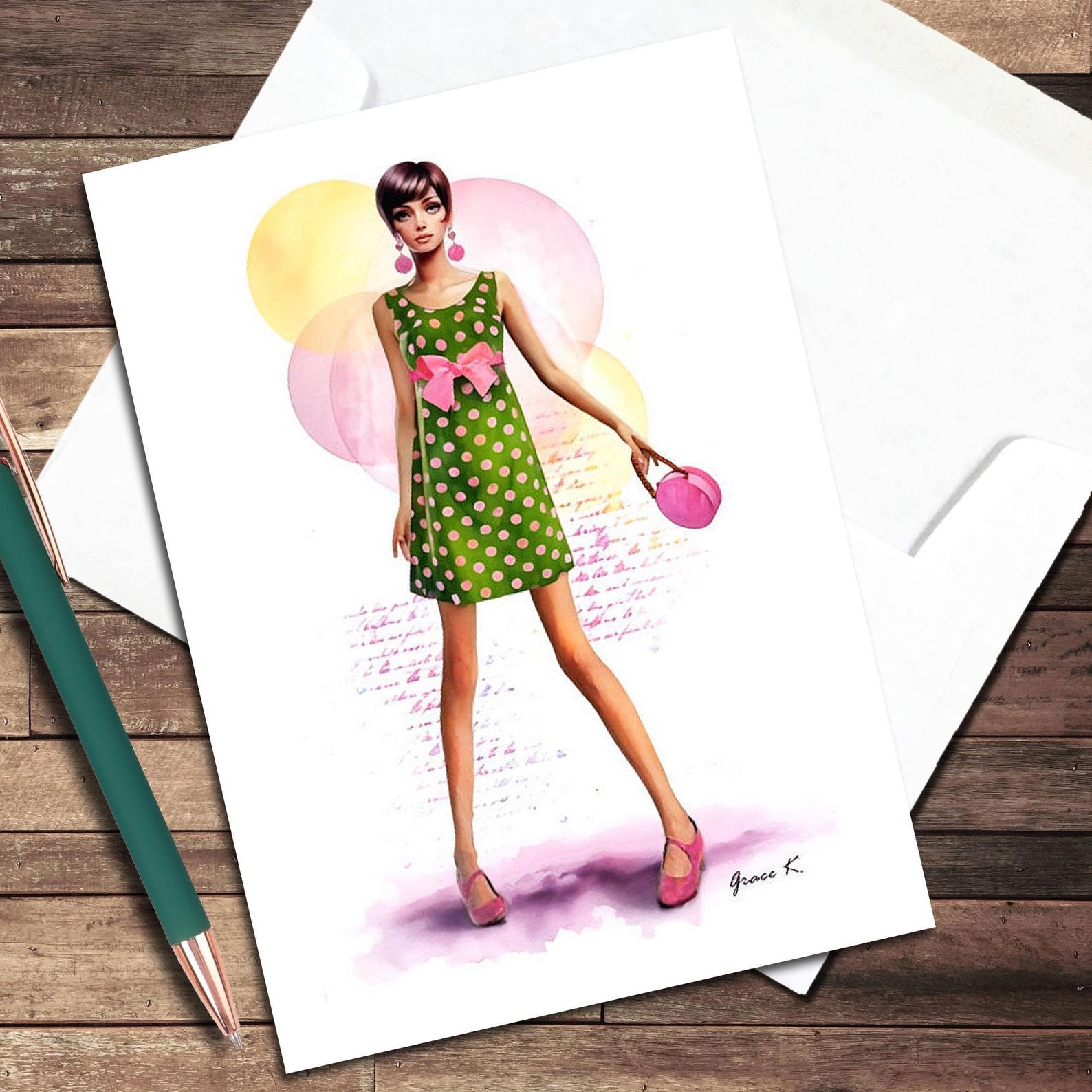 60s Fashion Illustration Note Card, Pink Accents - Etsy